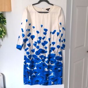 Brooks Brothers Silk Dress, shift/midi, 3/4 sleeve, blue poppy print,size 8